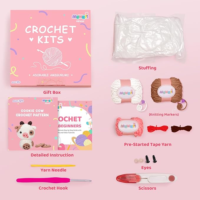 Mewaii Crochet Kit for Beginners Level 2 with 40% Extra Eco-Friendly Pre-Started Easy Yarn, Step-by-Step Video Tutorials for Adults and Kids (Cookie Cow)