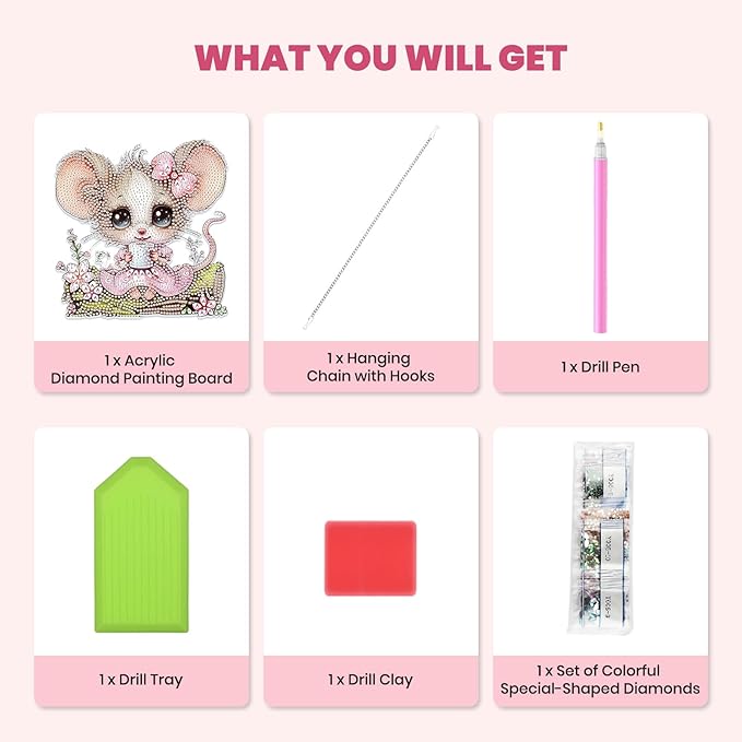 MXJSUA Cute Mouse Diamond Art Hanging Kits for Adults Beginners, DIY Acrylic Special Shaped Crystal Diamond Gem Drills Pendant Art Painting Ornament for Home Wall Decor Gift