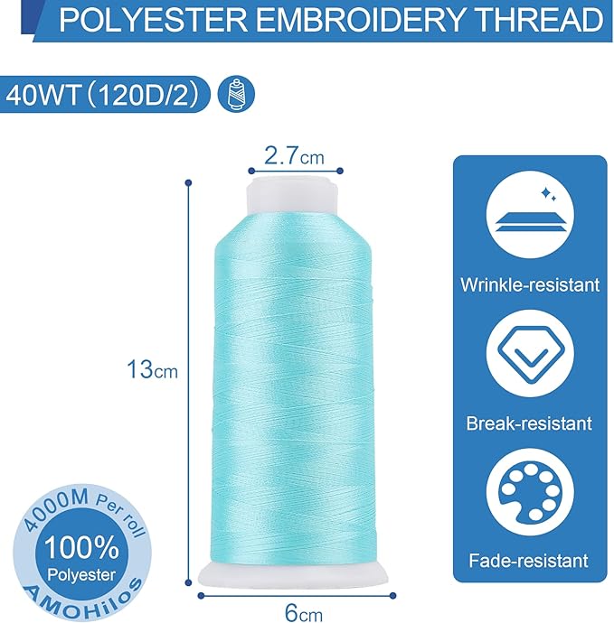 High Tenacity Polyester Embroidery Machine Thread 40WT(120D/2) 4000M Per Spool for Commercial and Domestic Embroidery Machine (Summer Sky-1932)