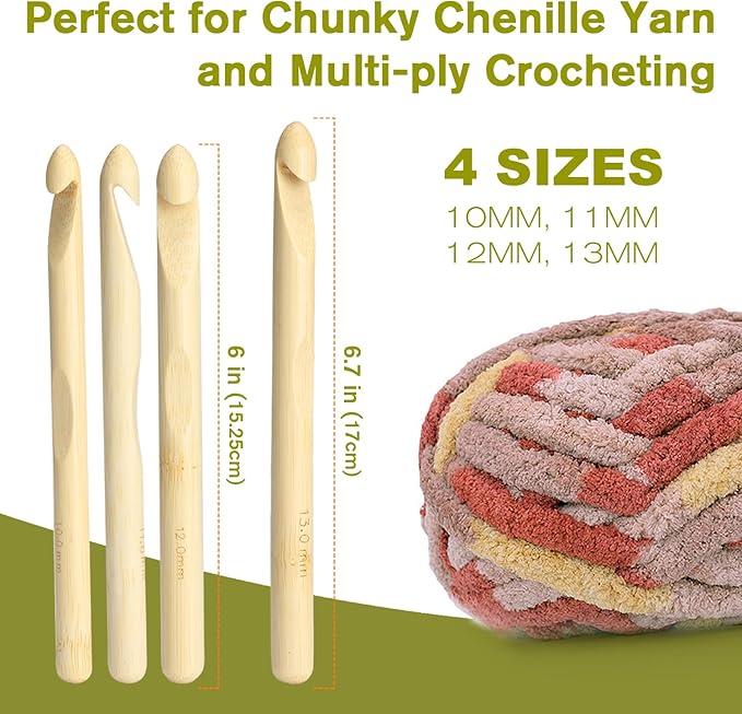 YOJOB Large Crochet Hooks, Bamboo Jumbo Crochet Hook for Chunky Yarn, Big Crochet Needles Set of 4 Sizes in 10mm, 11mm, 12mm, 13mm