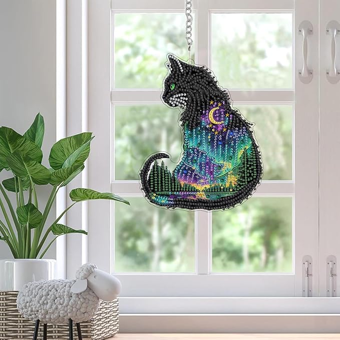SKRYUIE Cat Hanging Diamond Art Kits for Adults Pendant Suncatcher, Special Shaped Crystal DIY Pearl Diamond Painting Kit, Gift for Mother Spring Summer Window Wreath Decor 7.68 x 6.3 Inch D5