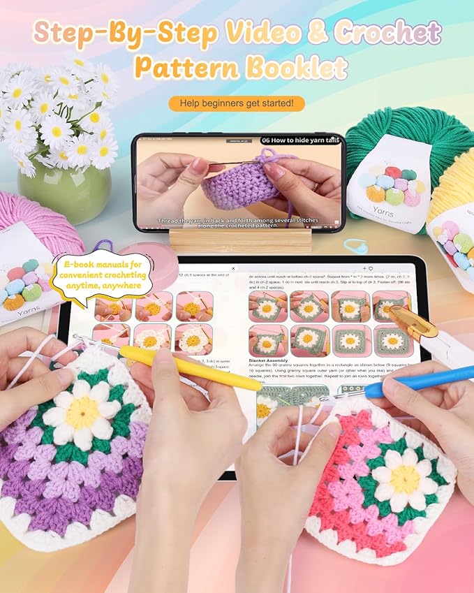 Coopay 3D Blanket Crochet Kit for Beginners, All-in-One Granny Square Blanket Kit with Step-by-Step Video & Enough Yarns - Master 3D Granny Square Crocheting Easily, Ideal Gift for Craft Lovers (Pink)