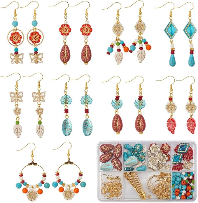 SUNNYCLUE 1 Box DIY 10 Pairs Boho Earring Making Kit Turquoise Charms Baroque Style Tibetan Gold Plating Metal Enlaced Spring Leaves Clear Flower Butterfly Charms for Jewelry Making Kits Women Adults