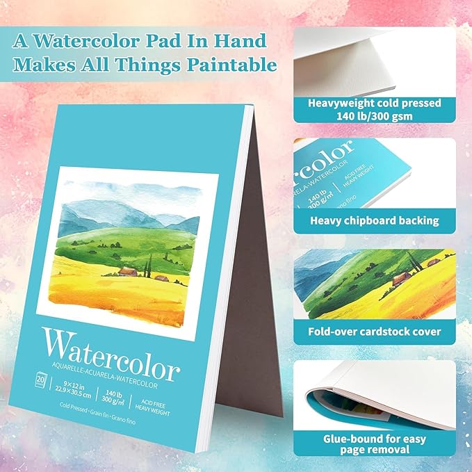 2Pack Watercolor Sketchbook, Watercolor Paper Pad 9" x12” 140lb/300gsm, Water Color Pad Journal and Sketchbook for Adults & Kids, Markers and Art Journaling
