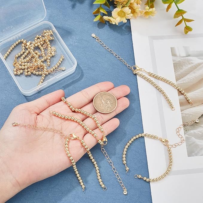 NBEADS 8 Strands Adjustable Bracelet Chain, 6.1" Golden Brass Round Beaded Half-Finished Adjustable Bracelets Extender Chain Stainless Steel Link Bracelets for Jewellery Making DIY Findings