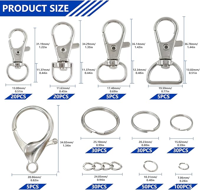325pcs Keychain Making Kit Keychain Clips with Swivel Clasp Hooks Key Rings Lobster Clasps Open Jump Rings Extender Chains for DIY Crafts, Necklace Bracelet Jewelry Purse Making Supplies