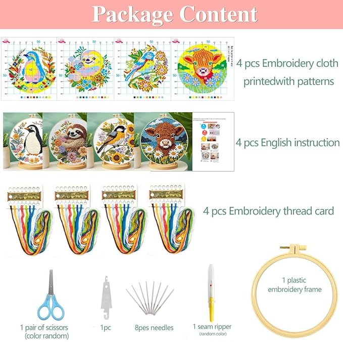 Zhenging Animal Cross Stitch Kit – 4 Pre-Printed Designs (Sloth, Bird, Penguin, Calf) with 11CT 9.45x9.45 Inch Fabric, Hoop, Scissors, Threader & Tools for Beginners & Adults