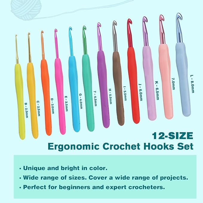 YOJOB Crochet Hooks Set (12 Sizes), Super Smooth 2.0mm-8.0mm Ergonomic Soft Grip Crochet Needle Kit with Accessories and Crochet Case