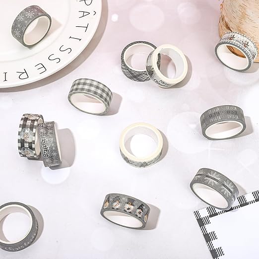 Whaline 12 Rolls Christmas Washi Tape Grey Farmhouse Washi Tape Assorted Xmas Masking Decorative Party Gift Paper Tape for DIY Craft Scrapbook Decor Party Favor Supplies