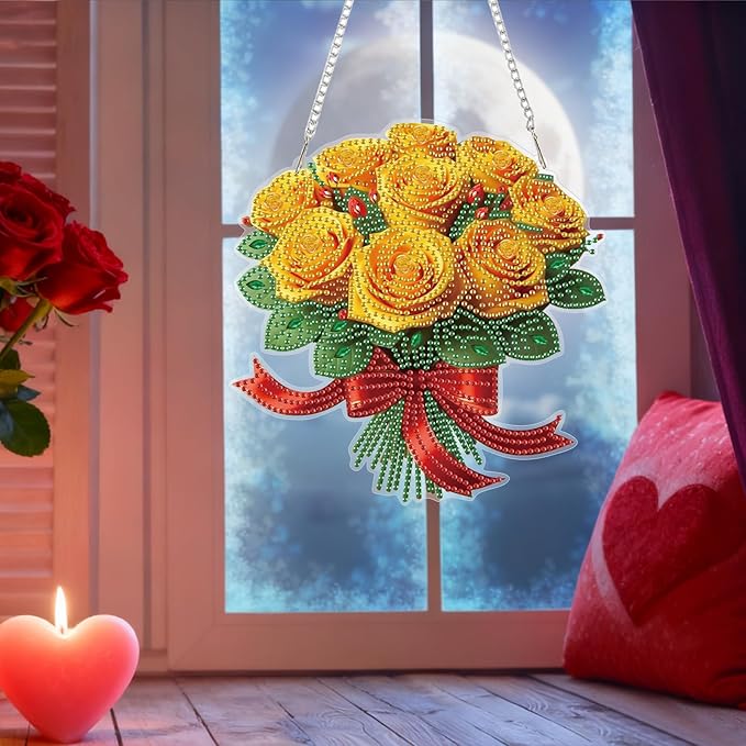 Bowetile Valentine's Day Diamond Art Hanging Kits for Adults, Diamond Art Suncatchers Yellow Roses, 5D Special Shape Diamond Painting Flowers Pendant Window Ornament Gifts for Home Door Wall Decor