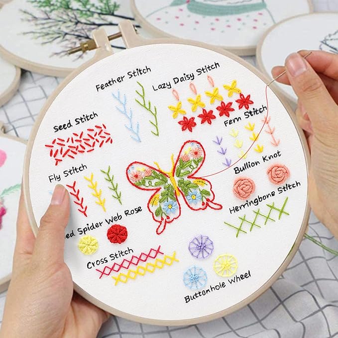 Louise Maelys Embroidery Kit for Beginners,3 Packs Practice Tool for Adults,Learn 30 Basic Stitches,DIY Hand Sewing Gift,Cross Stitch Starter Kits with Hoop Needles Instruction and Threads