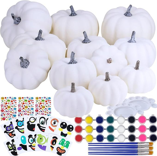 Winlyn 12 Sets DIY Fall Pumpkin Painting Kits Assorted White Foam Pumpkins Craft Pumpkins to Paint for Kids Classroom Activity Art Projects Halloween Thanksgiving Fall Gifts Party Favors Holiday Décor