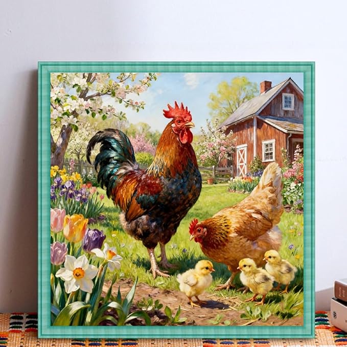KYOQFVN Farm Counted Cross Stitch Kits for Adults, Rooster Stamped Cross Stitch Kits, Needlepoint Cross-Stitch Patterns Embroidery Kits Arts and Crafts for Home Decor 14×14Inch