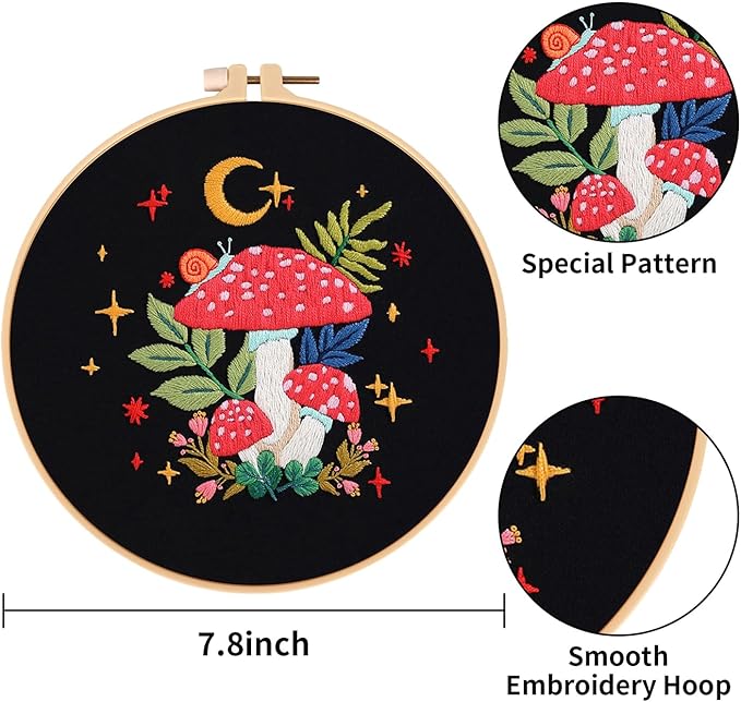 Nuberlic Mushroom Embroidery Kits for Beginner Adults Cross Stitch Kit with Stamped Pattern Include Cloth Hoops Threads Needles