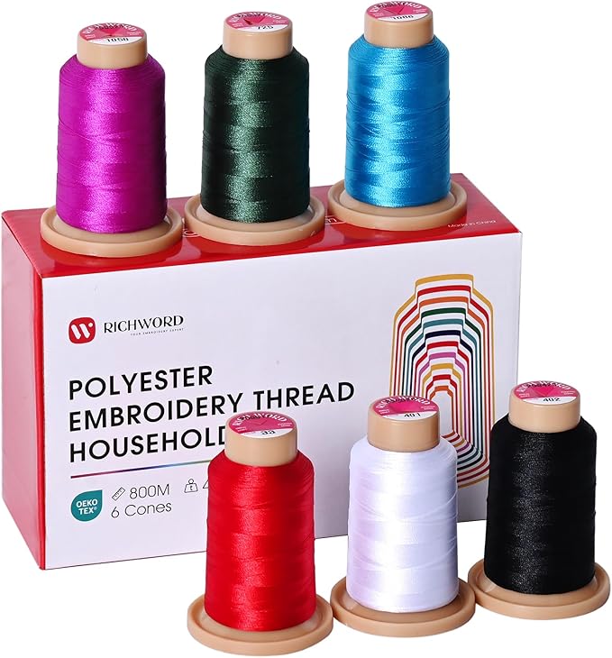 Poolin Embroidery Machine Thread Richword Selected 800M 6 Colors 40WT(108D/2) Polyester Embroidery Thread Set for Embroidery & Sewing Machines – Starter Kit for Home Use