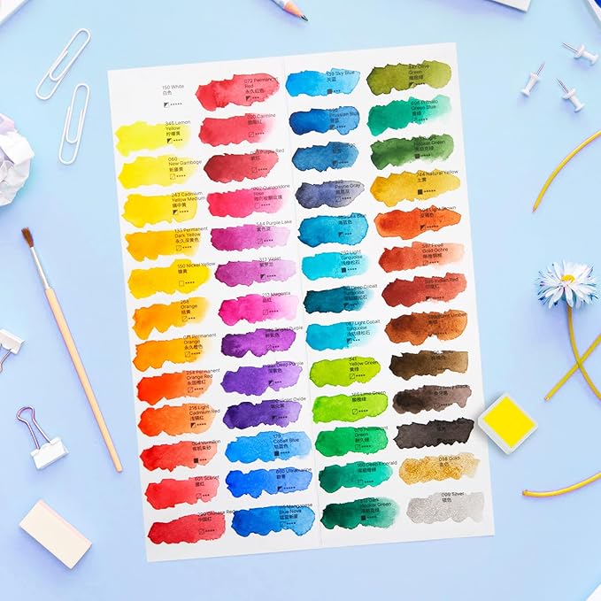 MeiLiang Watercolor Paint Set 52 Colors in Half Pans with Drawing Pencil, Paint Brushes, 5 Watercolor Paper, Sponge, Black Drawing Pens, Art Supplies for Adults Travel Watercolor & Blue Box