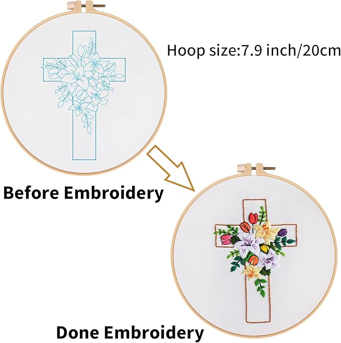 Louise Maelys Cross Lily Pattern Embroidery Starter Kit,Cross Stitch Kits for Adults with Embroidery Hoop Needles Threads Instruction -Easter Jesus