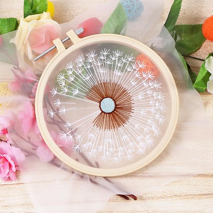 KISSBUTY Full Range Embroidery Starter Kit with Dandelion Pattern, Plastic Hoop, Color Threads, Tools