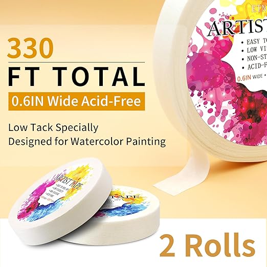 2 Packs White Artist Tape for Watercolor Paper Drafting Art Low Tack Masking Tape Acid Free Painter Watercolor Tape for Painting Canvas Framing, 0.6 inch Wide 330FT Long Total