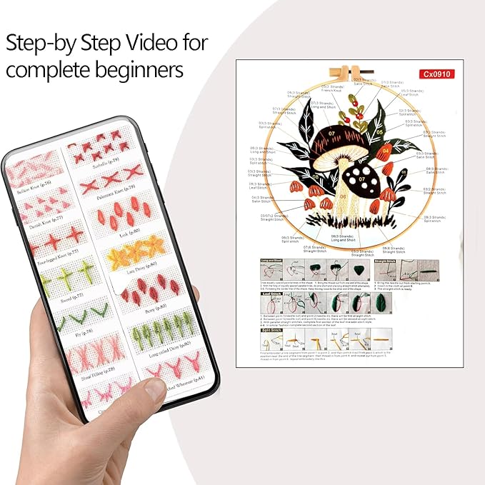 Zhenqing Woodland Mushroom Embroidery Kit for Beginners - 29x29cm Printed Fabric with Hoop & Full Tools(S-CX0910)