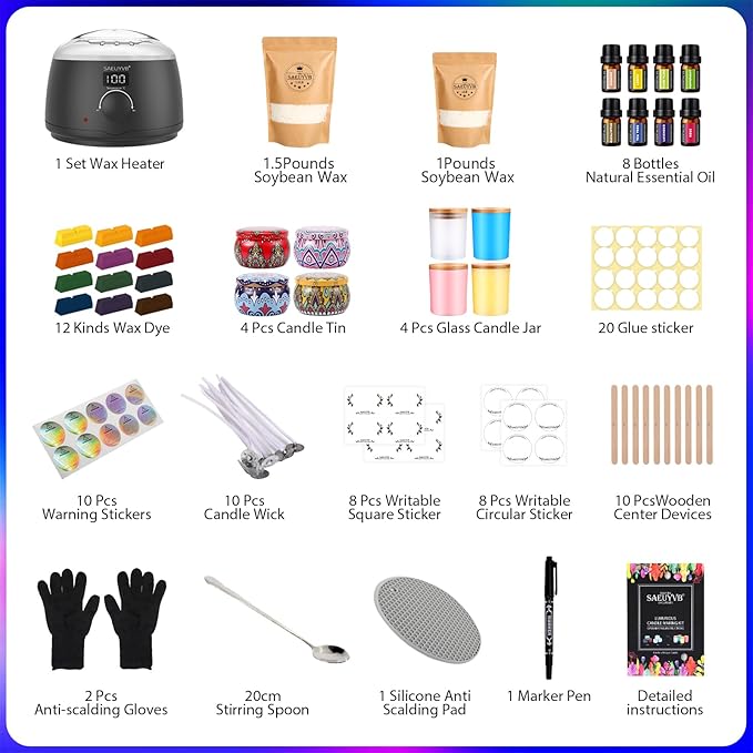 SAEUYVB Candle Making Kit,Candle Making Kit for Adult with Wax Melting Pot,DIY Starter Soy Candle Making Supplies/Kit - Perfect as Home Decorations