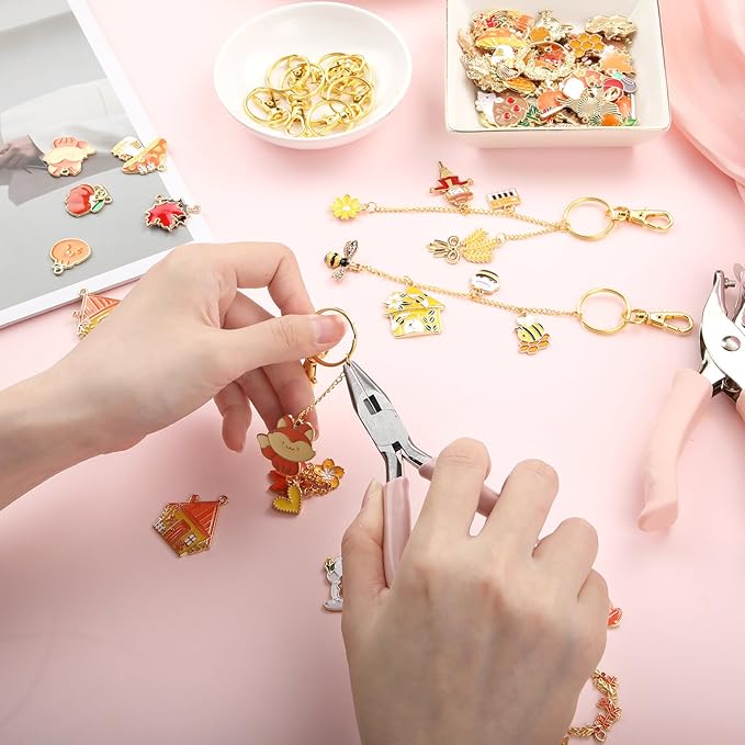 VioraWhite 213 Pcs Fall Theme Lip Gloss Keychain Making Kit 100 Pink Enamel Charms 32.81 ft Gold Chains for DIY Crafts Women