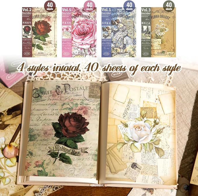 160Pcs vintage scrapbook supplies Set,4 styles of design Mixed Special Paper for Letter Writing,Double-sided scrapbook paper, DIY Junk Journal supplies, decoupage paper,card making supplies