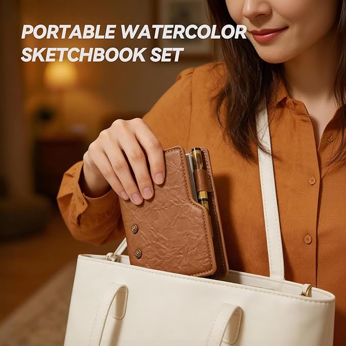 Portable Watercolor Sketchbook Set - 100% Cotton 5.1x3.0 Inch Cold Press 20 Sheets Binder Art Journal with 18-Well Ceramic Paint Palette & Travel Watercolor Brushes for Artists Outdoor Painting