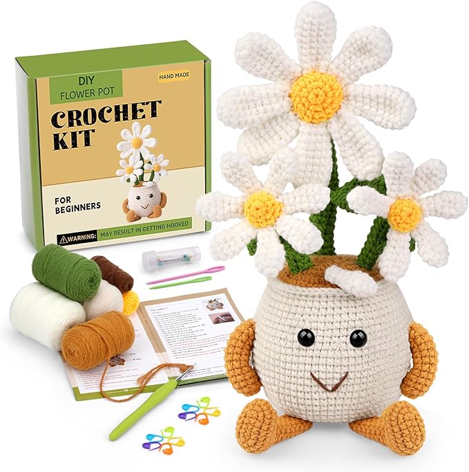 Nitlak Crochet Kit for Beginners, Daisy Potted Beginner Crochet Kit for Adults Women Men, Crochet Starters Kit with Step-by-Step Video Tutorials, Complete Crochet Accessories for DIY Craft