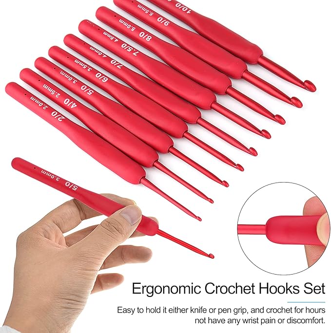 Coopay Red Crochet Hooks Ergonomic Crochet Hook Set, 9PCS Soft Touch Aluminum Crochet Needle for Arthritic Hands, 2.0-6.0mm Crochet Kit for Beginners/Professionals, Exquisite Knitting Crochet Supplies