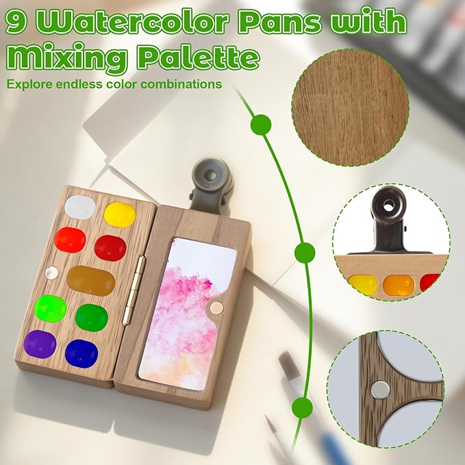 Watercolor Paint Set 12 Colors 8 Pieces Travel Mini Kit Wooden Palette Portable Art Supplies for Adults Beginners Sketching Painting Gift