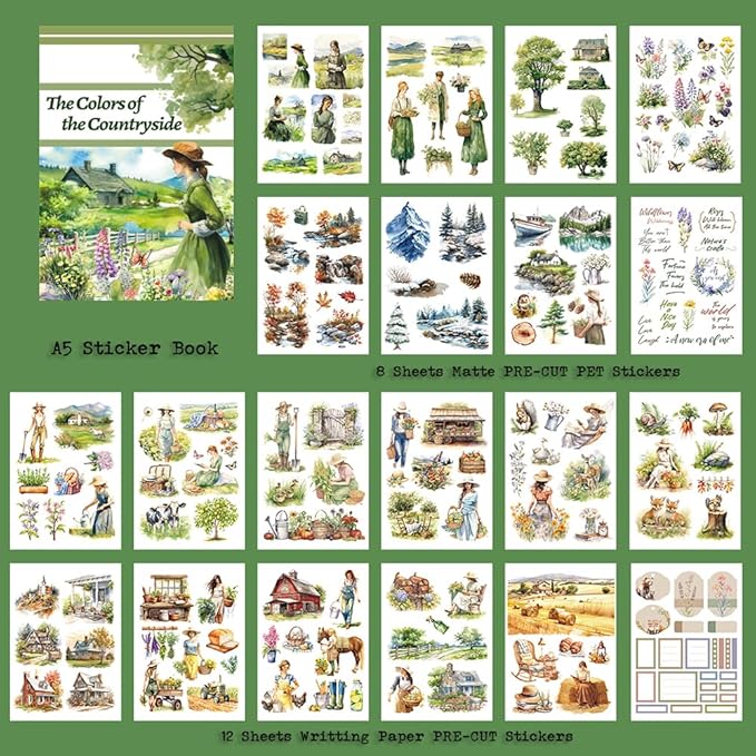 The Colors of The Countryside Journal Stickers for Junk Journaling, 20 Pre-Cut Scrap Book Sticker Sheets, Stickers for Scrapbooking Supplies, Planner, Bujo, Craft Arts