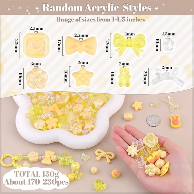 200-260pcs tinkrstuff assorted yellow acrylic beads for bracelet making,cute beads for jewelry making flower bow butterfly candy gummybear aesthetic bracelet charms, diy necklace keychain phone charm