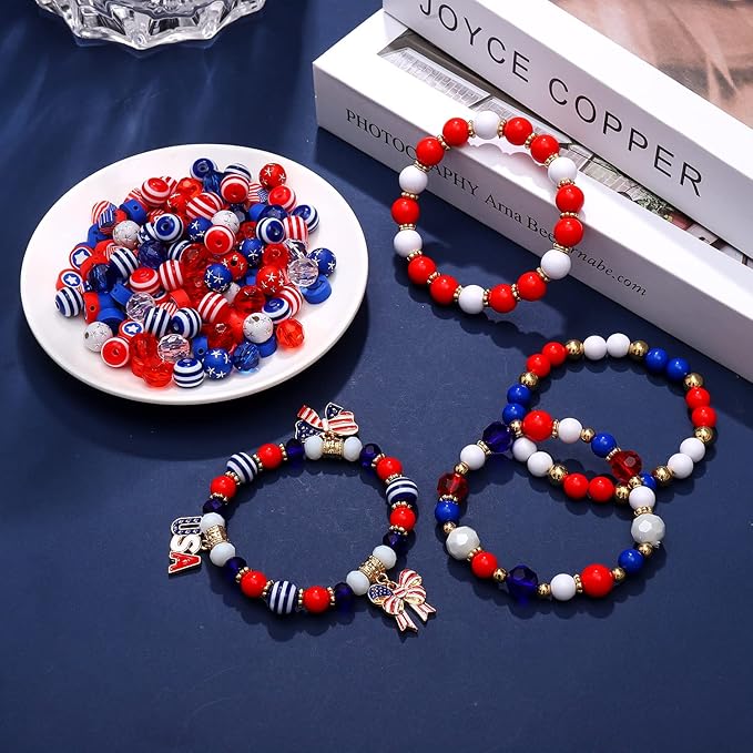 HSWE 1461Pcs 4th of July Patriotic Beads for Jewelry Making Independence Day Red White Blue Heishi Stars USA Letter Beads with America Flag Heart Hat Pendant Accessories for DIY Bracelets Making Kit