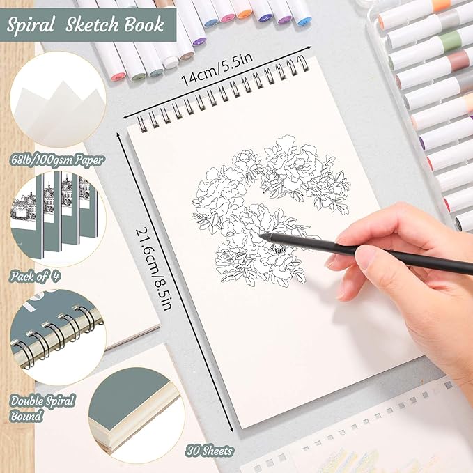 4 pack small sketch books, 5.5 x 8.5 inch mini sketchbook, 68lb/100gsm spiral bound small sketch pad, acid free art supplies drawing painting sketchbook for kids, beginners, artists (30 sheets each)
