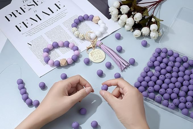 MAIBAOTA 120 Pcs Purple Silicone Beads 15 mm Purple Beads for Keychain/Pens/Bracelet/Necklace Making Focal Beads Loose Rubber Round Silicone Beads Bulk for Craft Making（with Boxed Kits）