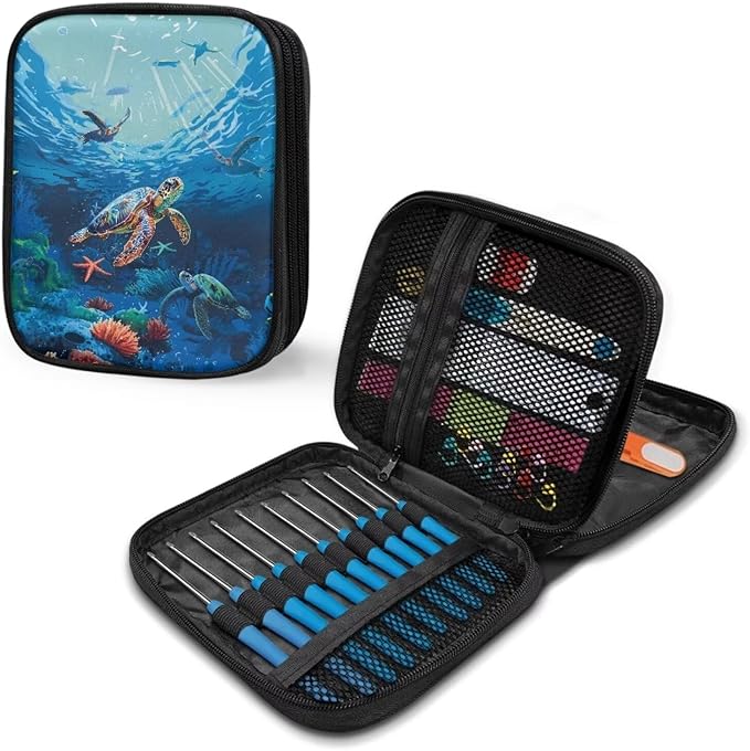 Hechitok Turtle Sea Empty Crochet Hook Case Crochet Hook Organizer Case Stand Up Crochet Organizer Crochet Hook Holder for Knitting Crochet Supplies
