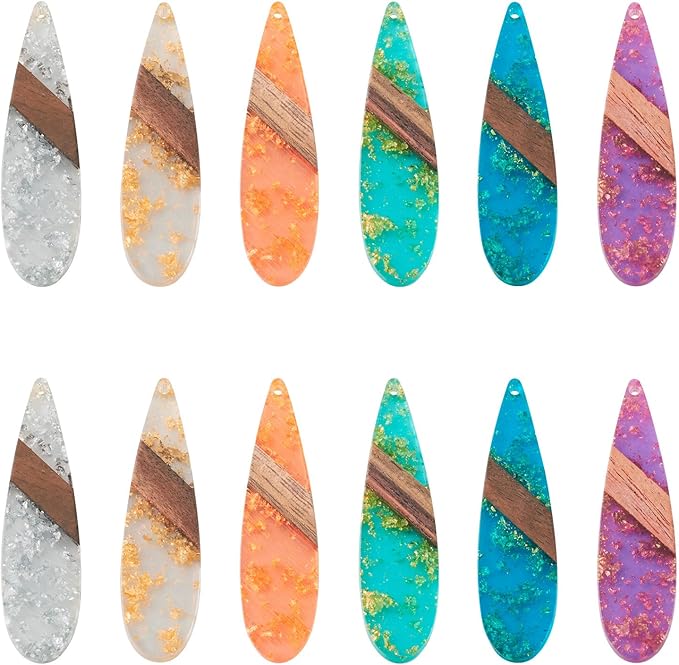 Beadthoven Transparent Teardrop Big Pendants for Jewelry Making, 12Pcs/6 Pairs Resin Wood Charms Glittery Crystal Pendants for Women Wood Earrings Necklace Bookmarks Making DIY Crafts Supplies