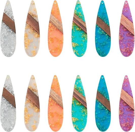 Beadthoven Transparent Teardrop Big Pendants for Jewelry Making, 12Pcs/6 Pairs Resin Wood Charms Glittery Crystal Pendants for Women Wood Earrings Necklace Bookmarks Making DIY Crafts Supplies