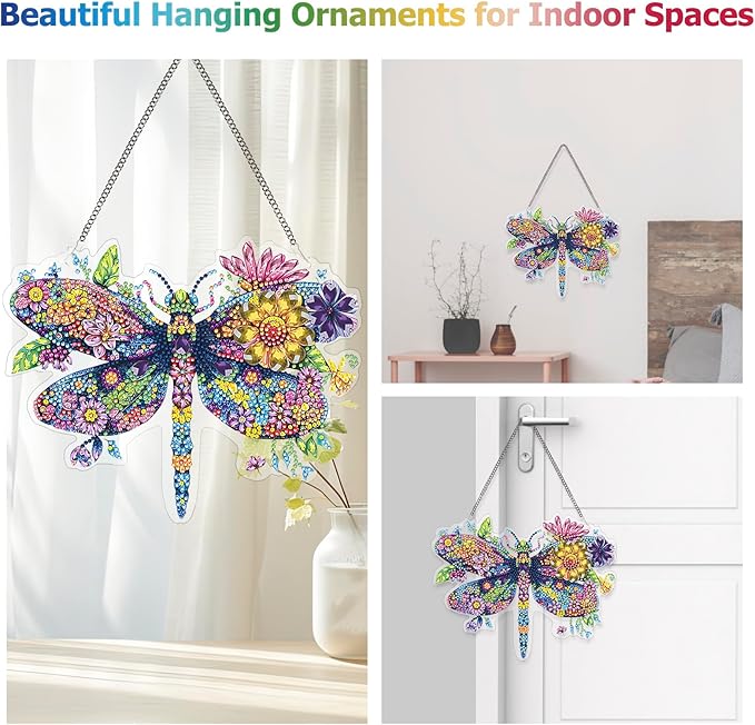 Koikify Diamond Painting Hanging Ornament, Floral Dragonfly Diamond Art Pendant with Double-Sided Pattern DIY Crystal Rhinestone Craft for Home Decoration and Gifts