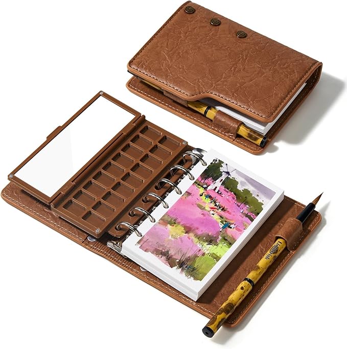 Portable Watercolor Sketchbook Set - 100% Cotton 5.1x3.0 Inch Cold Press 20 Sheets Binder Art Journal with 18-Well Ceramic Paint Palette & Travel Watercolor Brushes for Artists Outdoor Painting