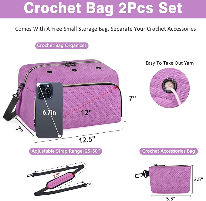 IBFUN Crochet Yarn Knitting Bag 2 Pcs Yarn Storage Organizer Crocheting Bags for Beginners with Shoulder Strap for Knit Accessories Needles Hooks