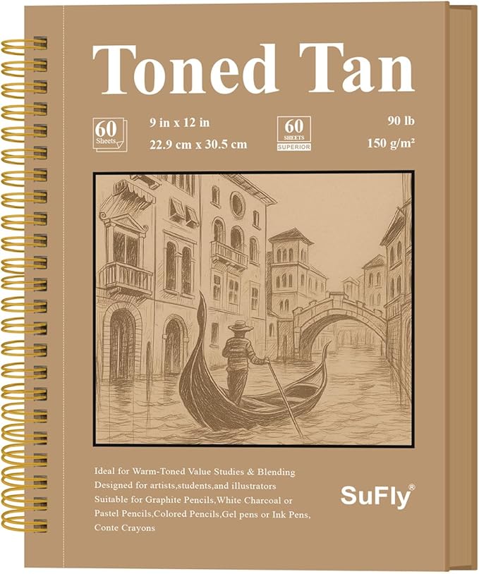 sufly toned tan sketchbook 9x12 inches, 60 sheets - 90lb/150gsm toned tan sketch paper for mixed media, charcoal, graphite, colored pencils & white gel pens, 100% recycled, wire-o bound.