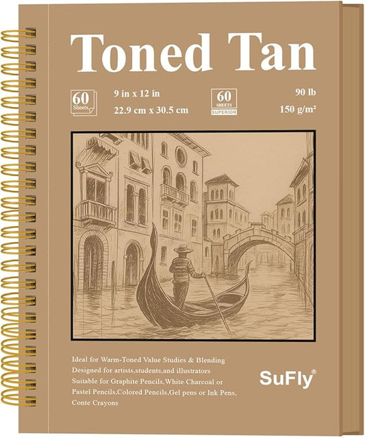 sufly toned tan sketchbook 9x12 inches, 60 sheets - 90lb/150gsm toned tan sketch paper for mixed media, charcoal, graphite, colored pencils & white gel pens, 100% recycled, wire-o bound.