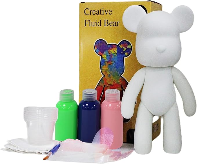 HANDA DIY Painting Fluid Bear Teddy Bear Painting Kit Set Creative Home Decorations Handmade Doll Figurine Toys Gift for Birthday Valentines (9.05 inch, Pink+Green+Blue)