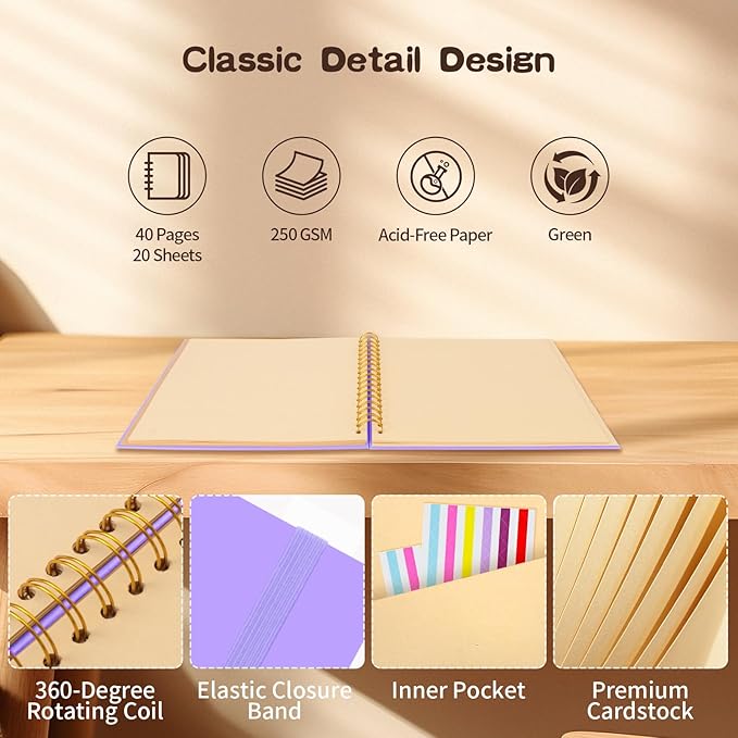 Scrapbook Album 8x8 inch, Travelling Journal Scrap Book Family Scrapbook Scrapbooking Supplies Kits Gift for Couples Anniversary Wedding (purple, 8 x 8 inch)