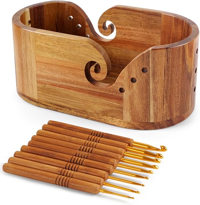 Oval Yarn Bowl, Crochet Yarn Holder with 9pcs Knitting Hooks, Yarn Storage Crochet Bowl Knitting Gift for Crocheters, Large Yarn Bowl Acacia Wooden 11.3x5.9x4.7inch (Acacia Yarn Bowl)