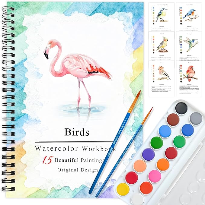 SLWBZ Watercolor Workbooks Coloring Book, Beginner Friendly Painting Kit, Easy Exquisite with Steps, Creative Exploration Watercolor Book with Paint Set for Adults Teens (Pink Flamingo, with Paint)