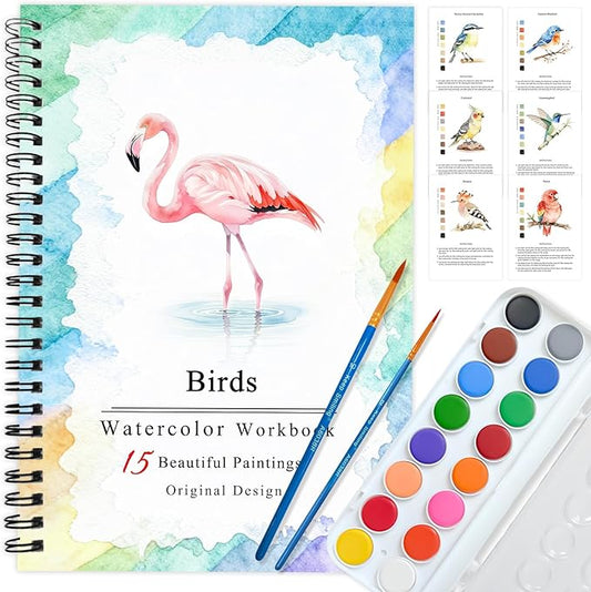 SLWBZ Watercolor Workbooks Coloring Book, Beginner Friendly Painting Kit, Easy Exquisite with Steps, Creative Exploration Watercolor Book with Paint Set for Adults Teens (Pink Flamingo, with Paint)
