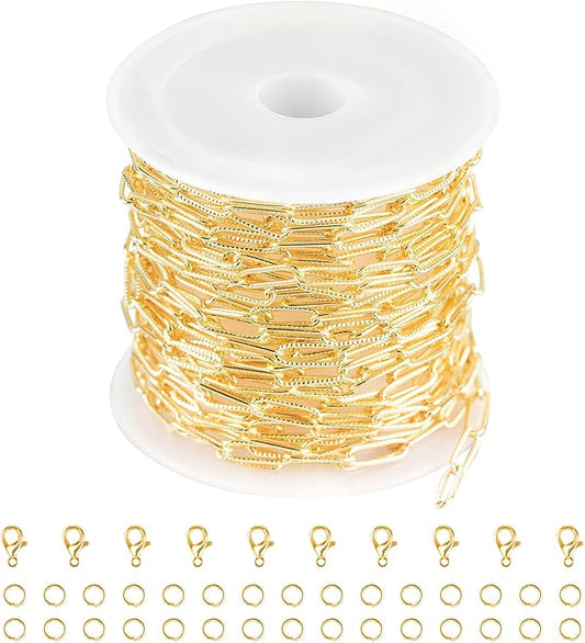 Jabogrii 16.4 Feet Embossed Paperclip Chain for Jewelry Making Gold Plated Brass Necklace Bracelet Chain Bulk Soldered Jewelry DIY Roll